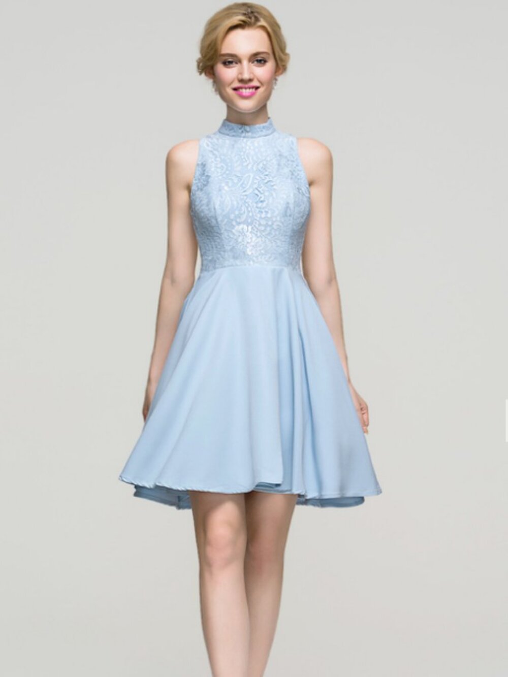 A-Line High Neck Short/Mini Stretch Crepe